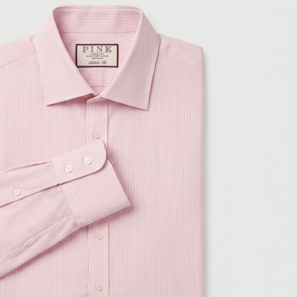 Thomas Pink Athletic Fit Dress Shirt Mens 17.5 Pink White Micro Stripe‎ London